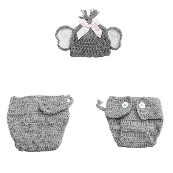 Newborn Elephant Knit Gray Pink Bow Outfit - Picture 2 of 2